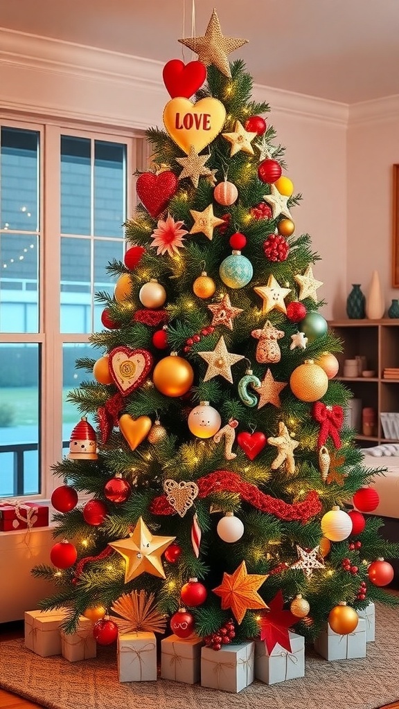 A year-round Christmas tree decorated with seasonal themes including hearts, flowers, seashells, and autumn leaves.
